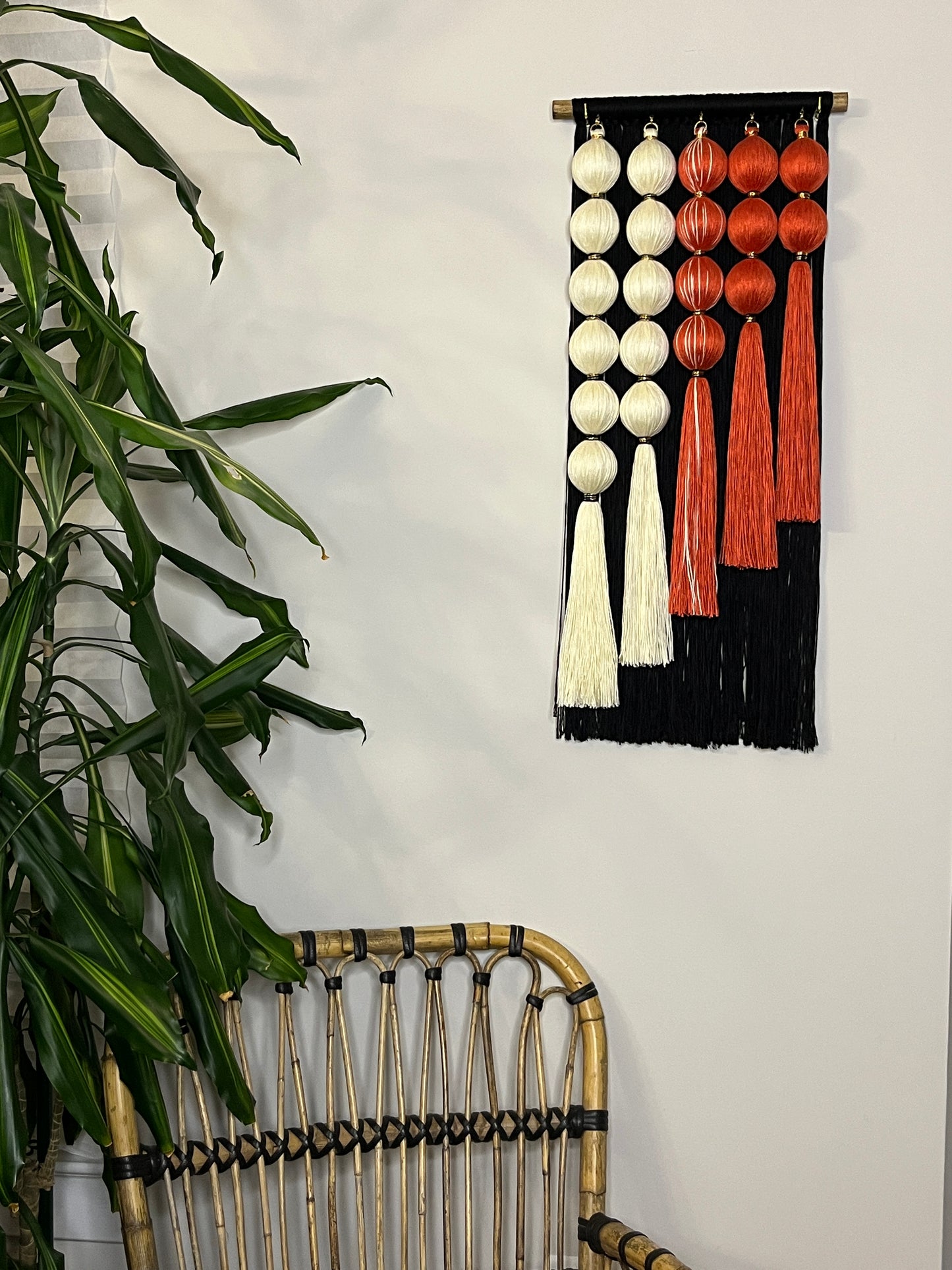Midnight Ember Handmade Macrame Wall Hanging: Black and Terracotta Fiber Art Tapestry