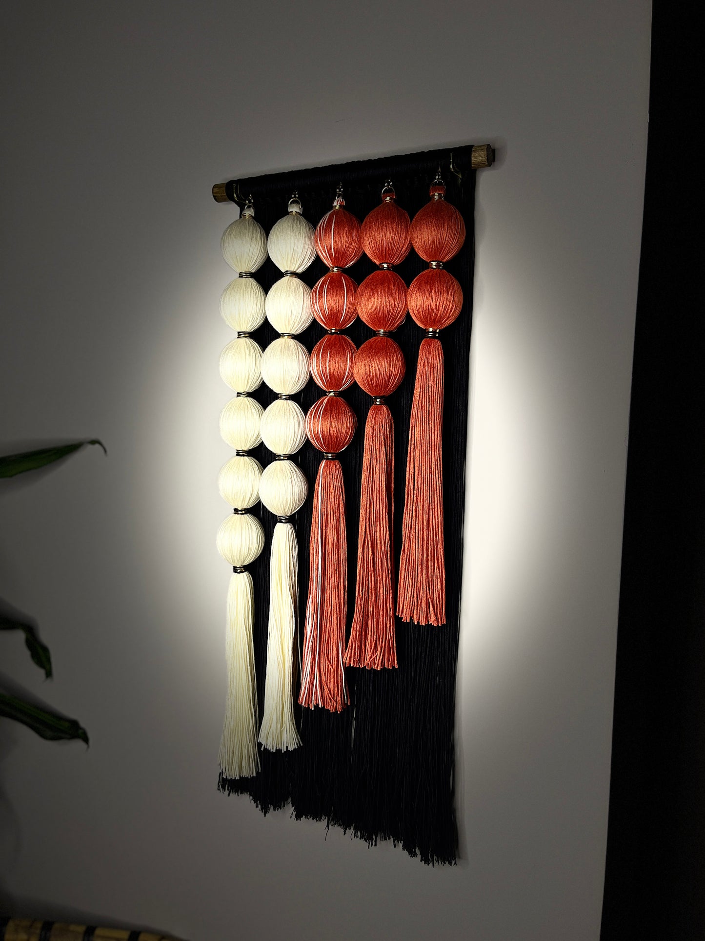 Midnight Ember Handmade Macrame Wall Hanging: Black and Terracotta Fiber Art Tapestry