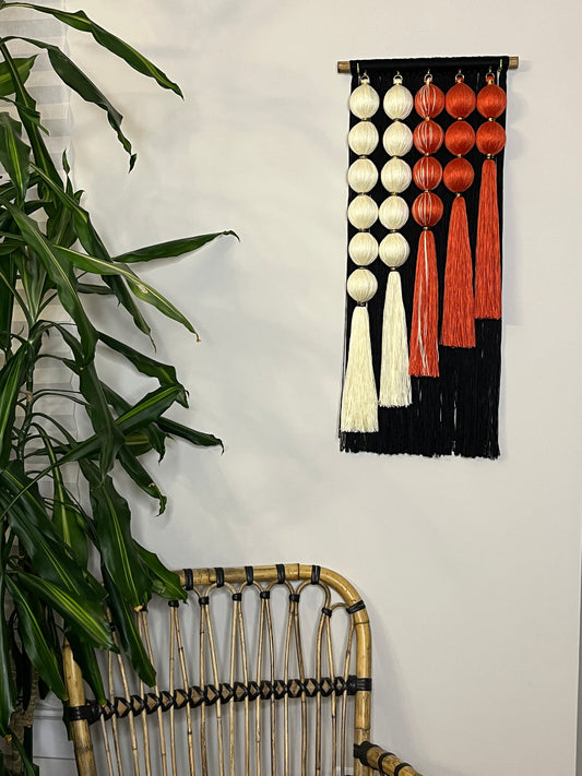 Midnight Ember Handmade Macrame Wall Hanging: Black and Terracotta Fiber Art Tapestry