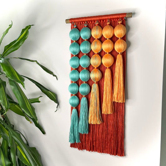 Mango Groove Handmade Macrame Wall Hanging: Hues of Orange and Aqua Fiber Art Tapestry